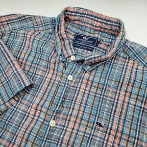 Vineyard Vines Classic Fit Whale Shirt Mens Medium Plaid Short Sleeve Seersucker